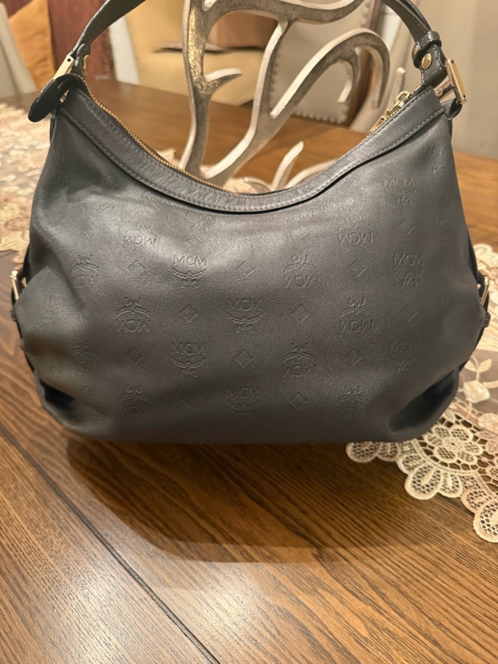 MCM Black Embossed Leather Shoulder Hobo Bag - Picture 3 of 13